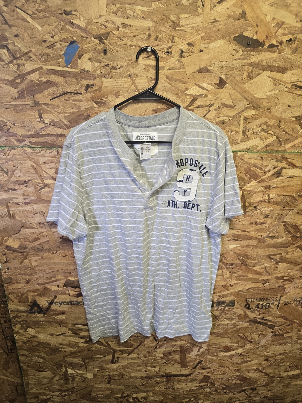 Aeropostale Men's Light Gray Striped Henley with Chest Graphic